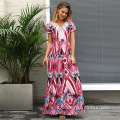 Donna sexy Donna a V-Neck Flower Stampato Maxi Beach Dress